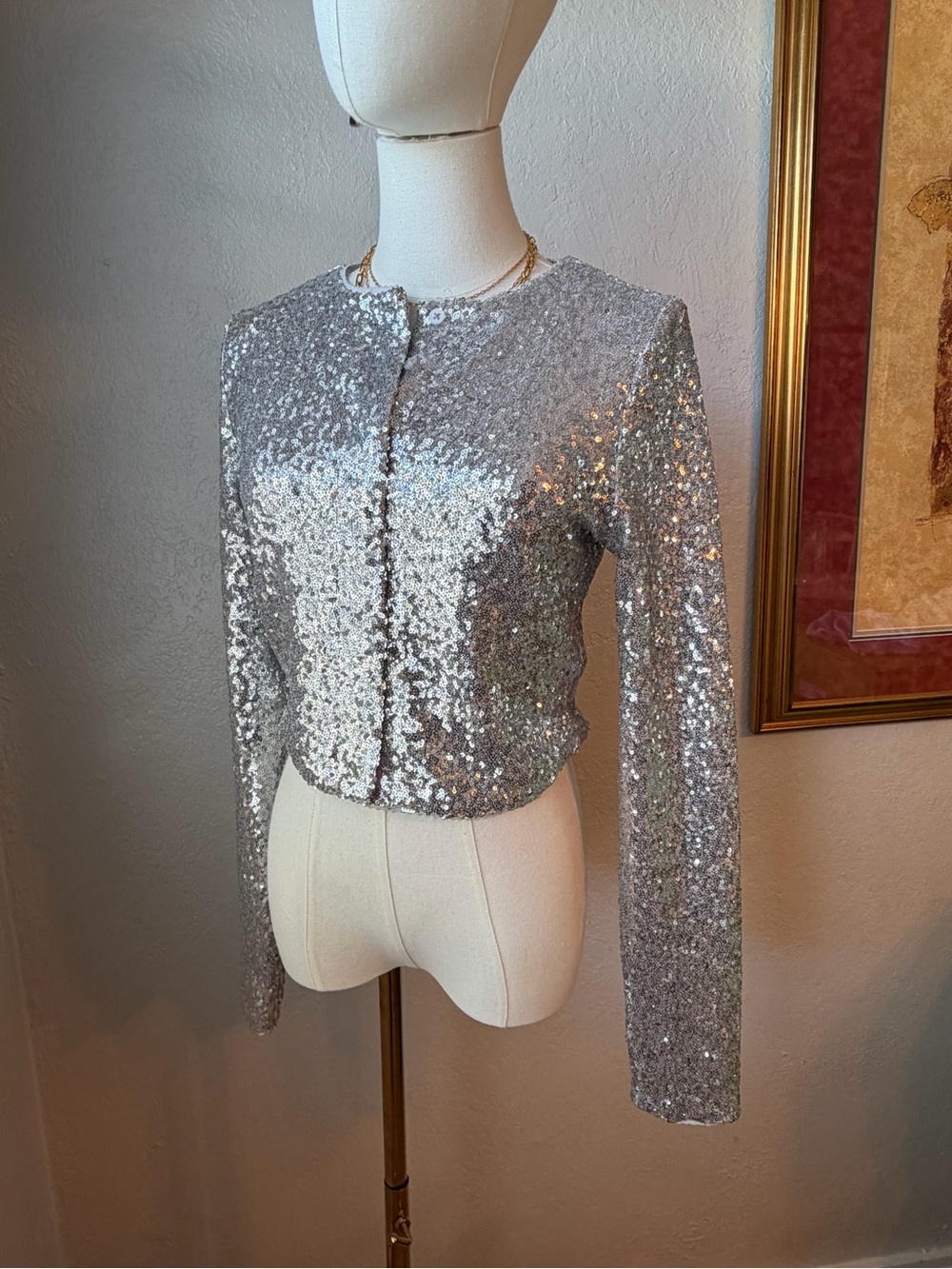 NWT Good American Silver Sequin Long-Sleeve Crop Jacket - Sm Retail $178
